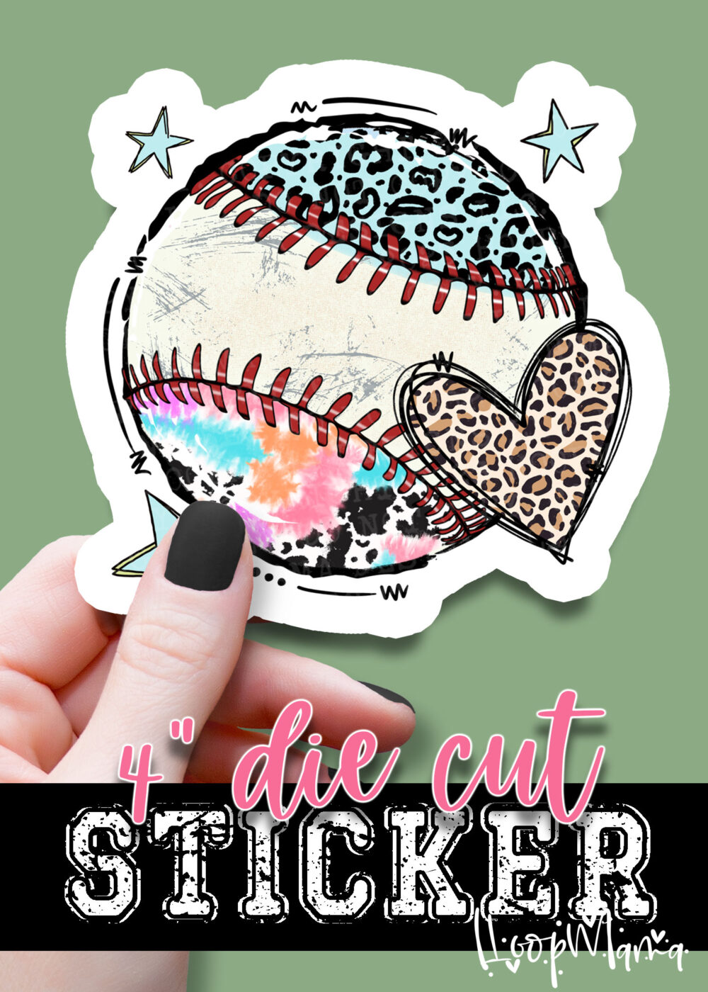 N24JAN18-037 - Baseball Leopard Heart - DIE CUT STICKER